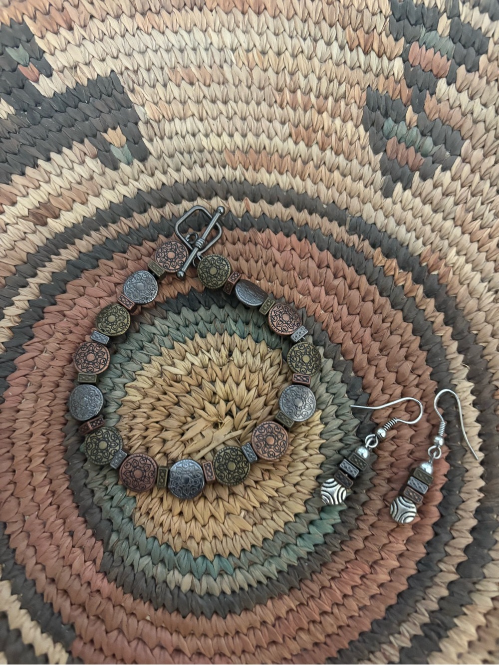 Handmade Boho Mixed Metal Coin Bracelet & Earrings Set - Earth Tones